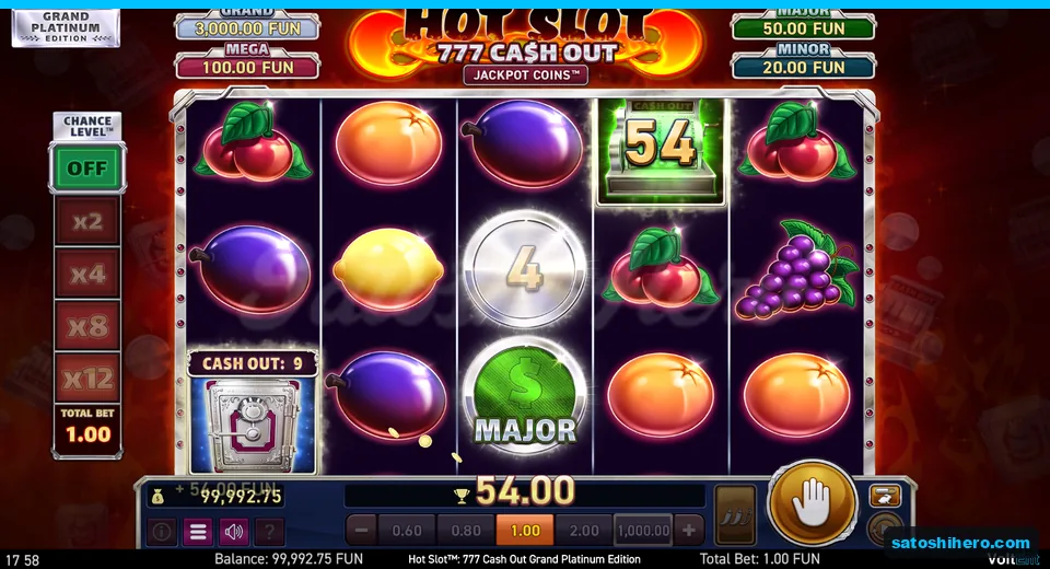 Board showing 54 Cash Out register and jackpot coins