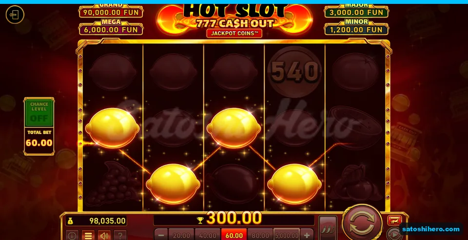Board dimmed around lemon line with 300.00 FUN win