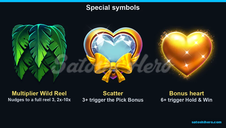 Three special heart and wild symbols shown