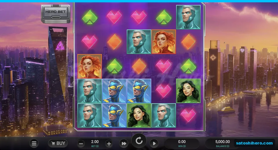 Hero portraits fill a neon city grid