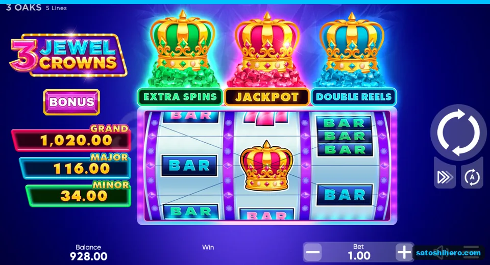 Board at rest with crowns, BARs, jackpots, and 928.00 balance
