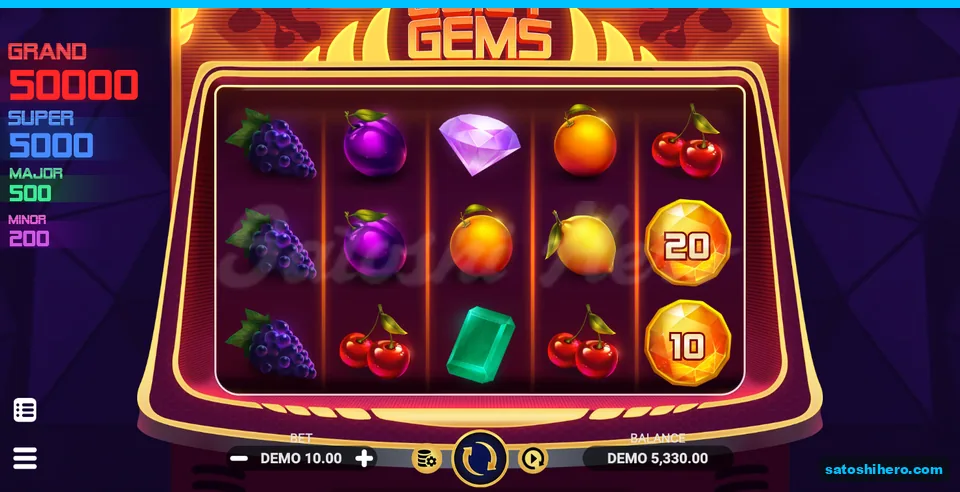 5x3 board settled with fruit, gems and two coins