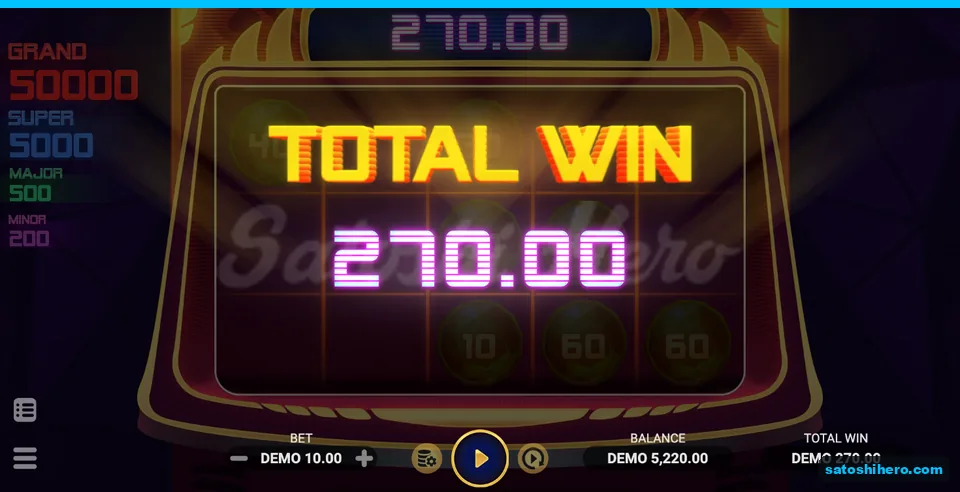 270.00 total win displayed after seven locked coins