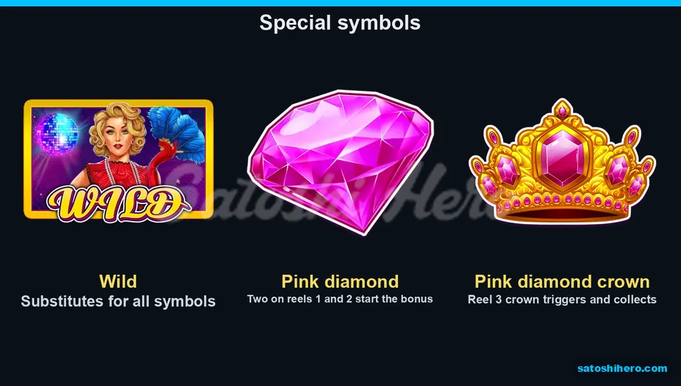 Three special symbols shown as wild, diamond, and crown