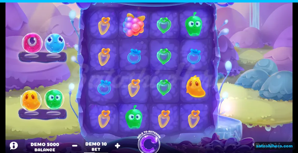 5,000 balance beneath four jelly monsters in purple forest