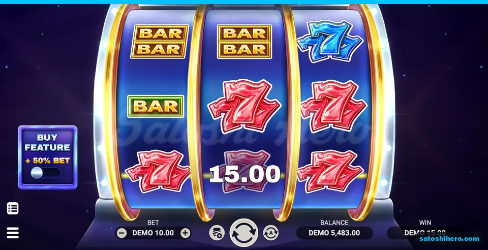 15.00 win shown beneath three red sevens on bottom row