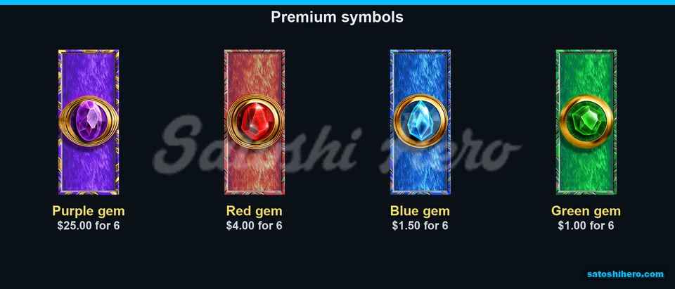 Four gem cards with six-symbol pay values