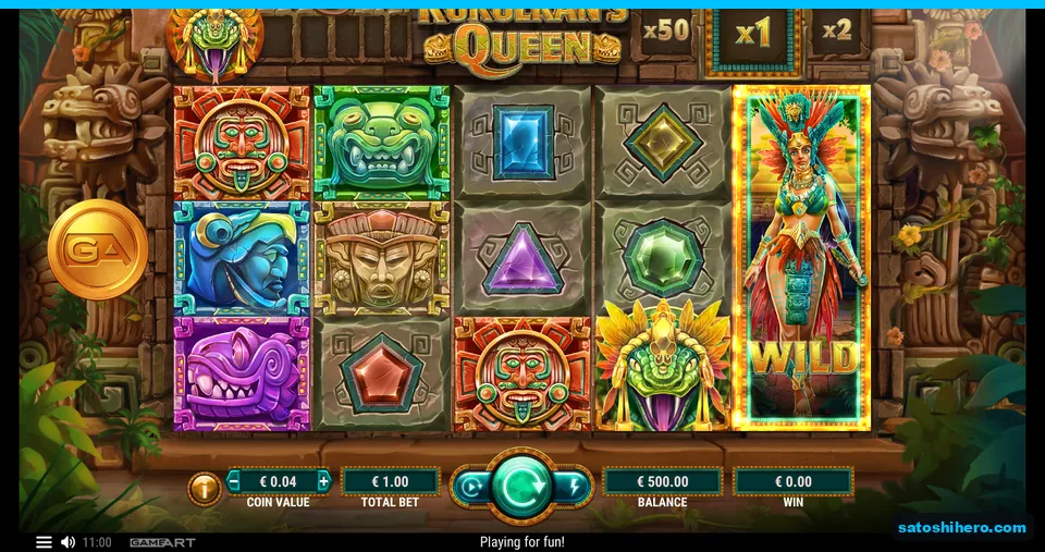 $500.00 balance, stacked queen on reel five, multiplier at x1