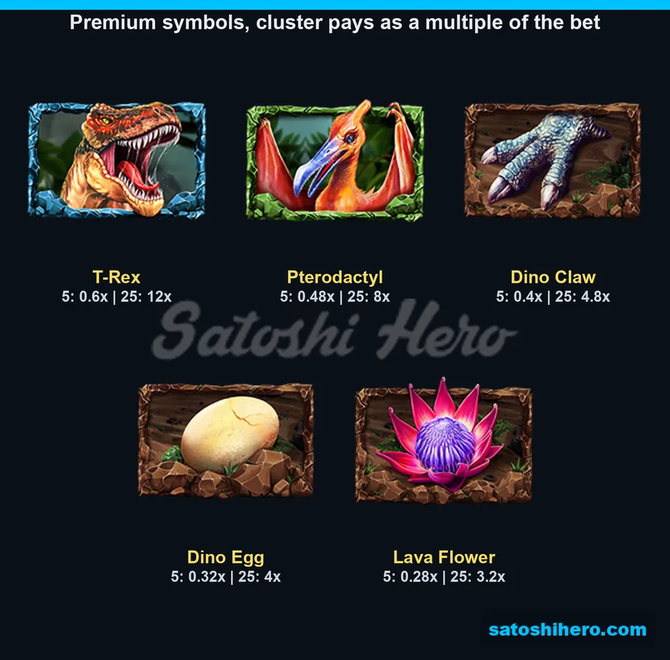 Five premium symbols with cluster pay values