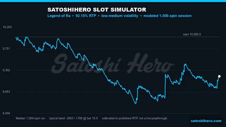 1,000-spin blue curve ending below its starting balance