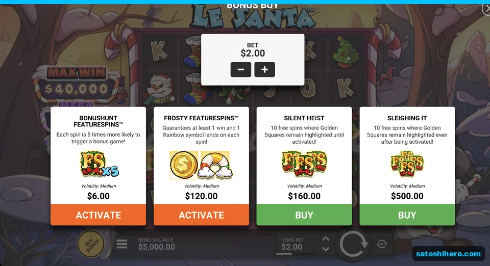 Bonus buy menu shows four feature options