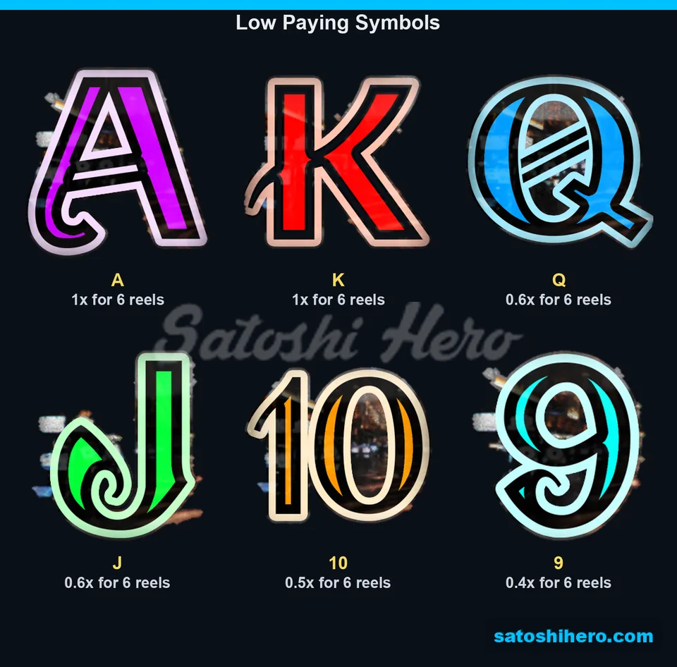 Paytable rows list low card symbol values