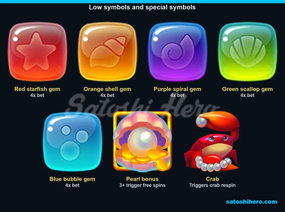 Five low symbols plus pearl and crab