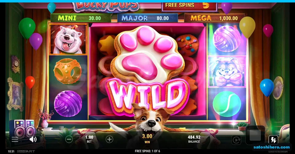 Five free spins shown with giant paw wild active