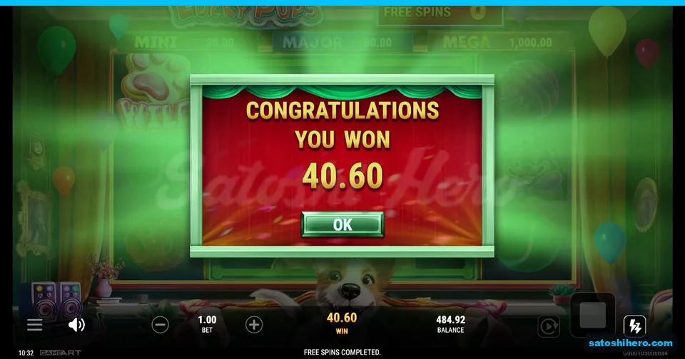 40.60 win displayed after six completed free spins