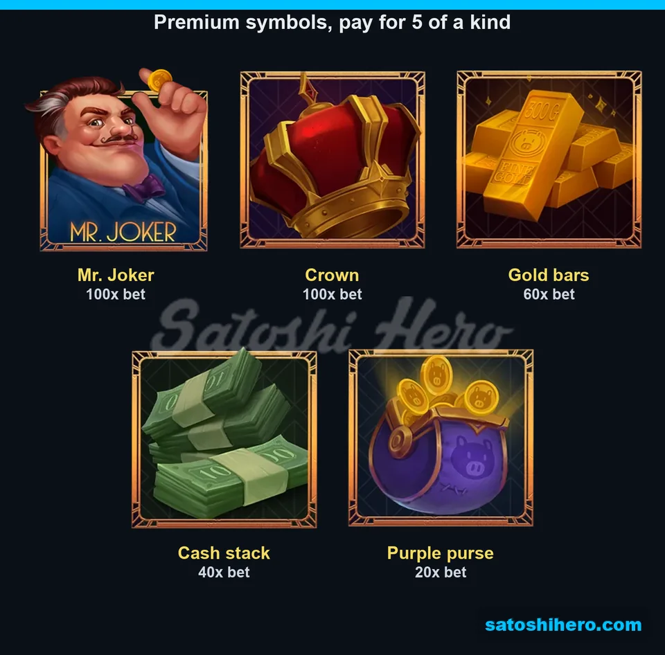 Five premium symbols with payout values shown