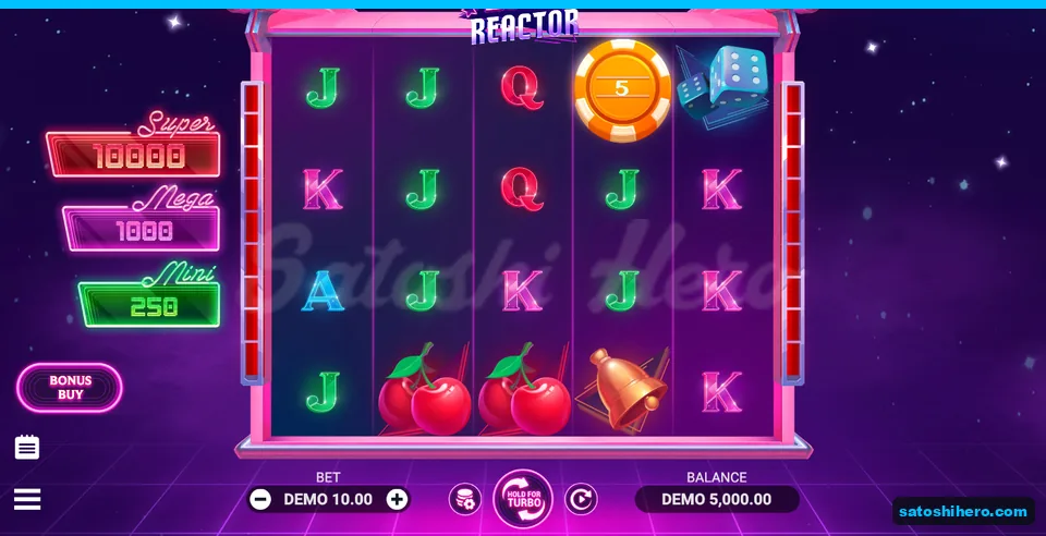 5x4 grid framed by pink neon and jackpot signs
