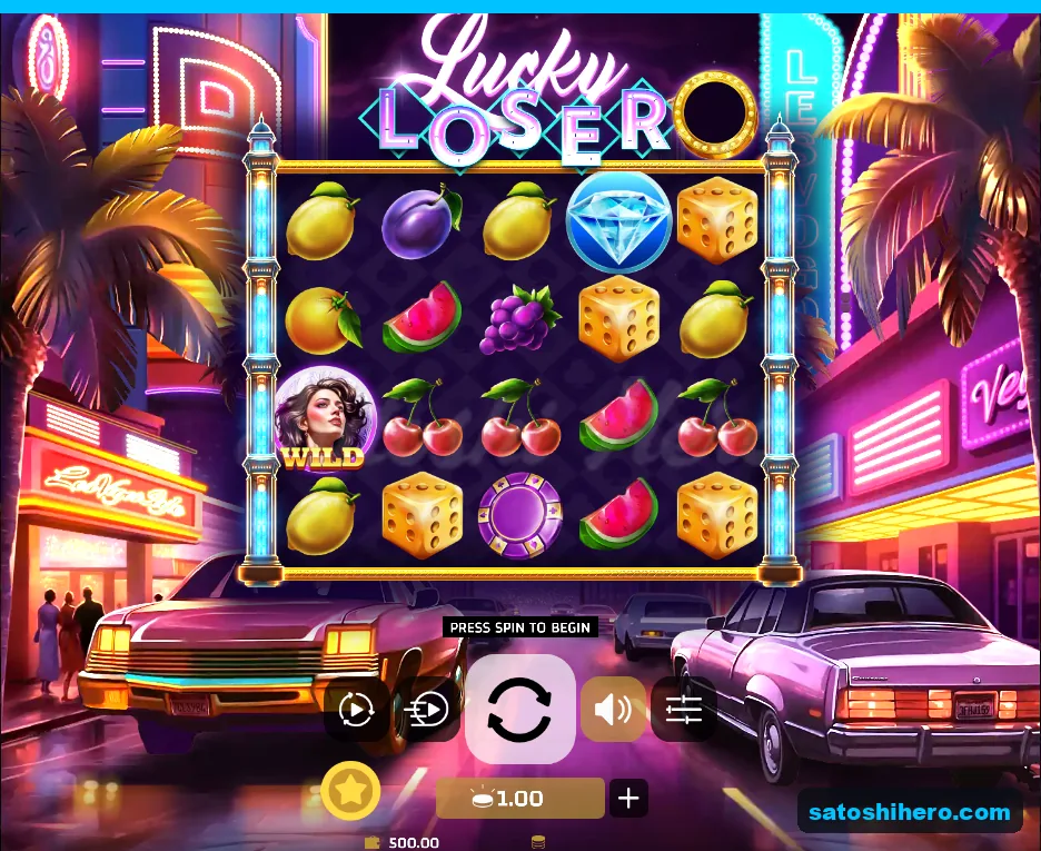 500.00 balance beside fruit grid and neon street