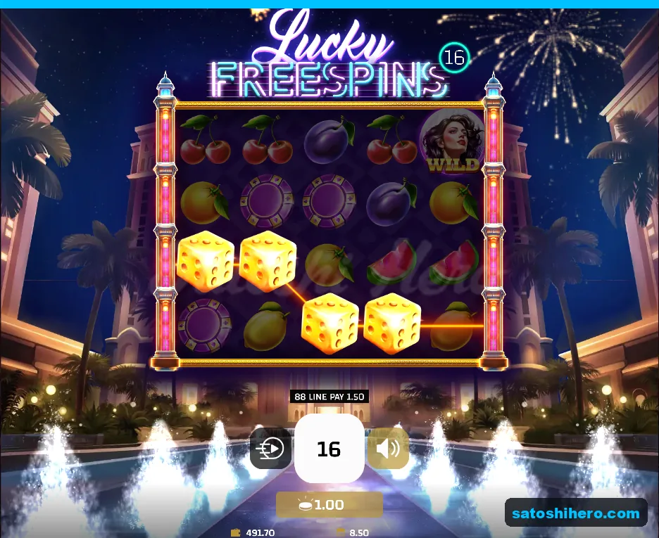 16 spins counter with four gold dice and 8.50 total