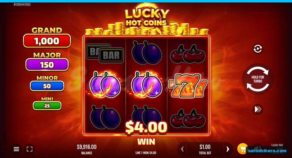 Base game settled with plums, Wild and $4.00 win