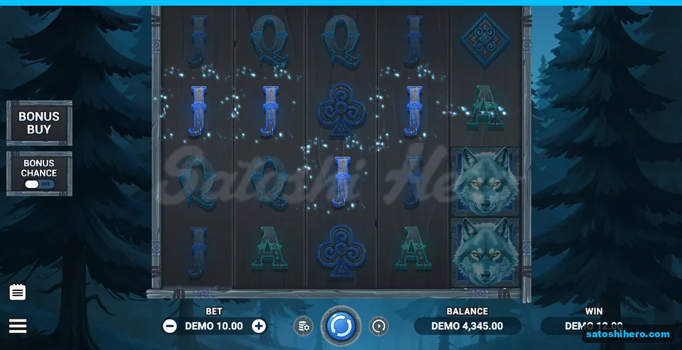 $12 win shown with stacked wolf Wilds on reel five