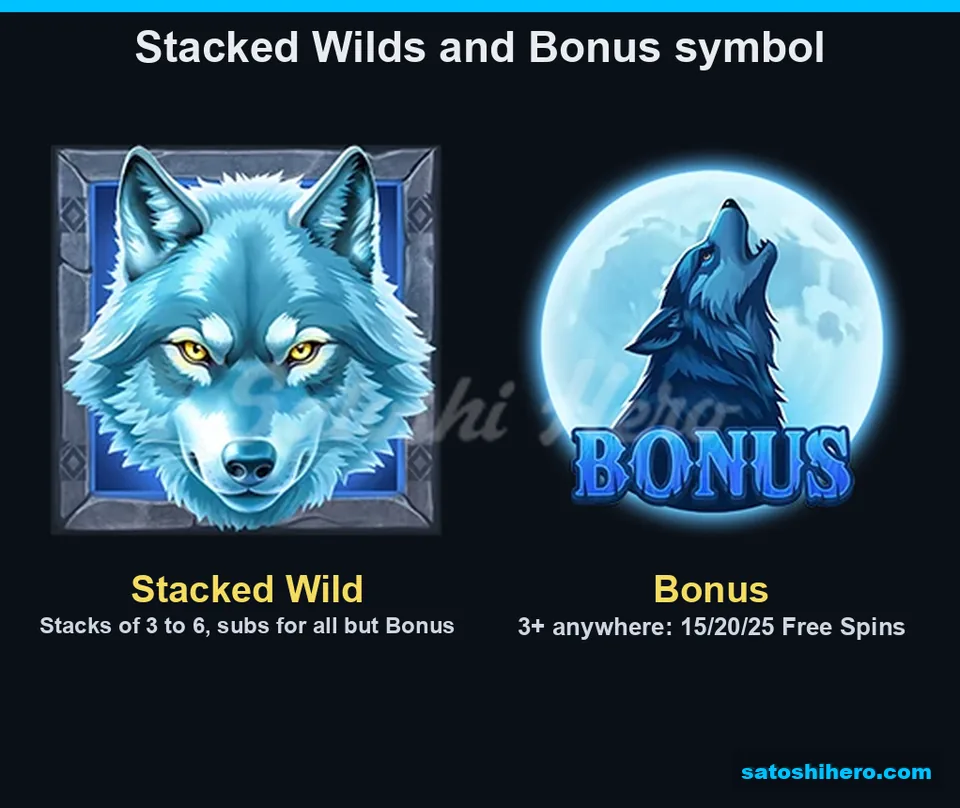 Two feature symbols show stacked Wild and moon Bonus rules