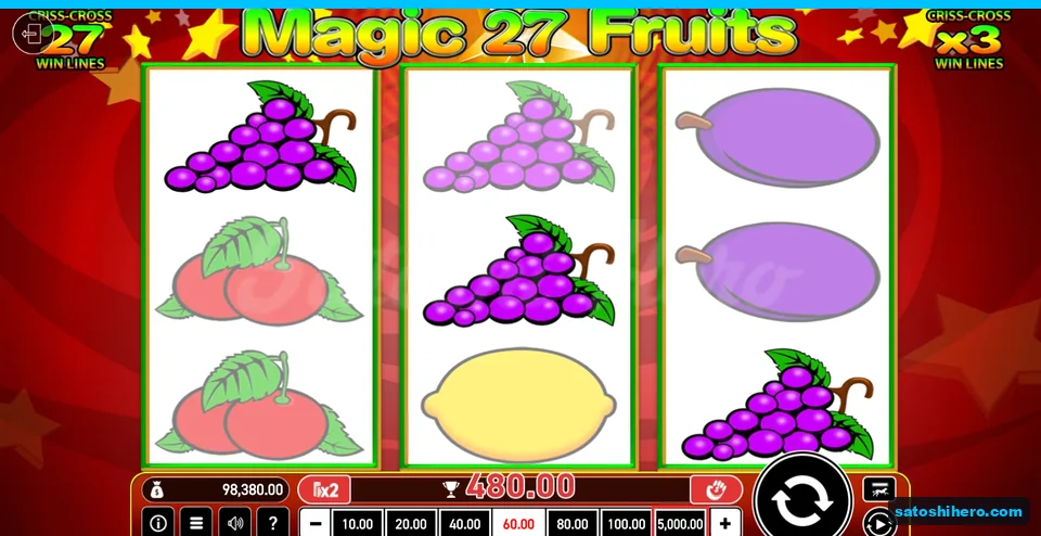 Board showing three lit grapes and 480.00 FUN win