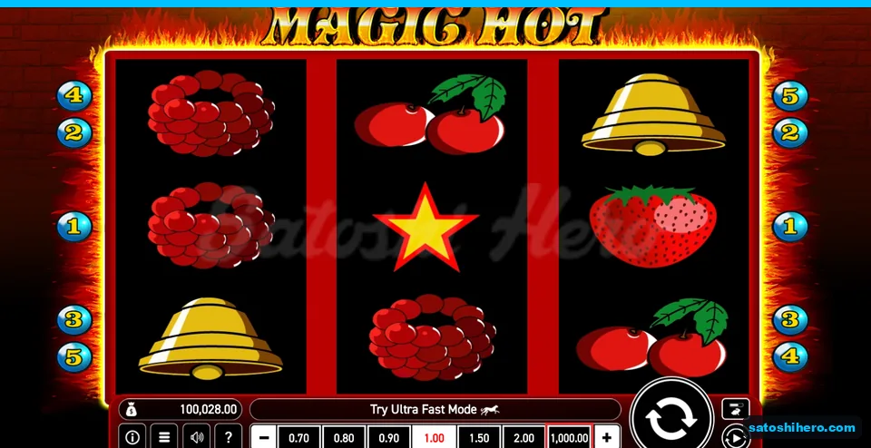 Board showing fruit symbols, paylines, balance, and default stake