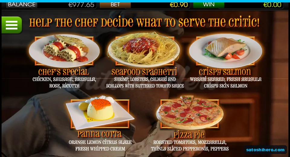 Five dish choices wait on the pick screen