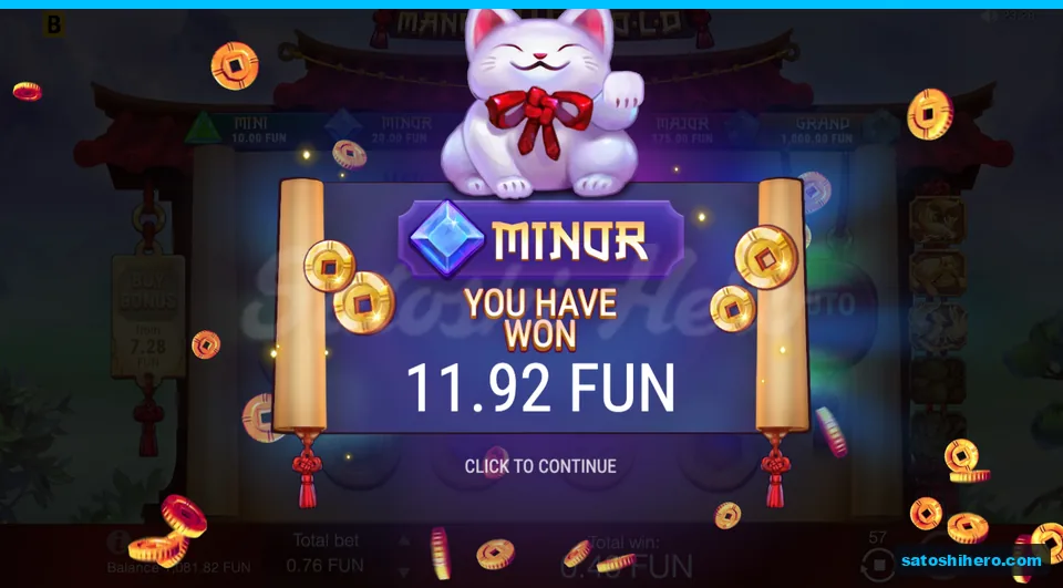 Jackpot screen showing Minor win banner