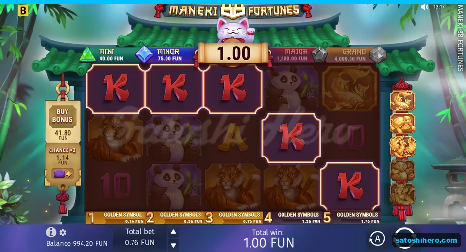 Win panel showing red King tiles and 1.00 FUN