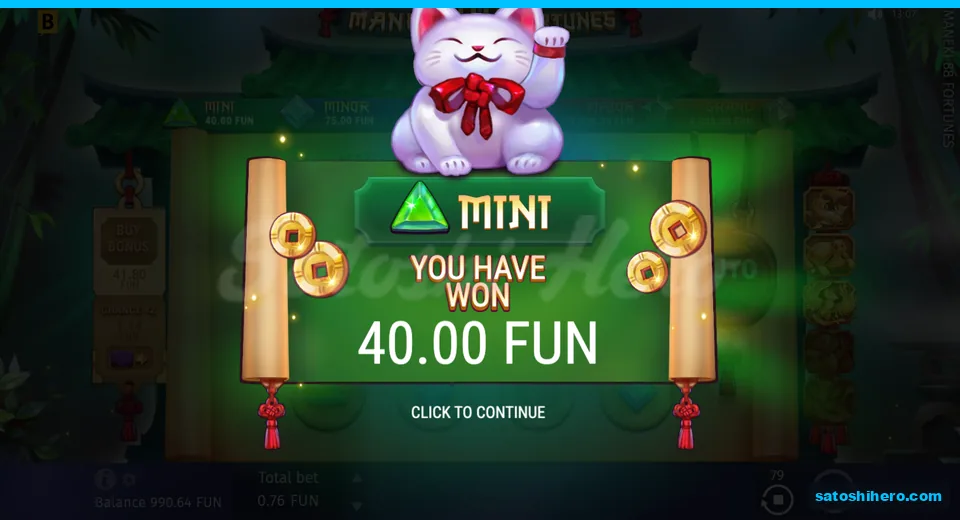 Win banner showing Mini jackpot for 40.00 FUN