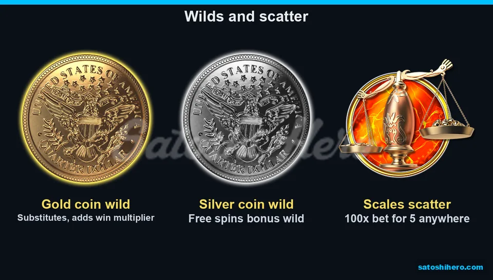 Three special symbols showing gold wild silver wild and scales