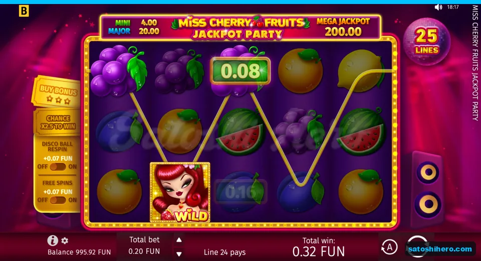 Win panel showing 0.32 FUN line return