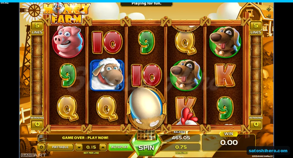 $0.00 win shown on settled 5x3 farm board