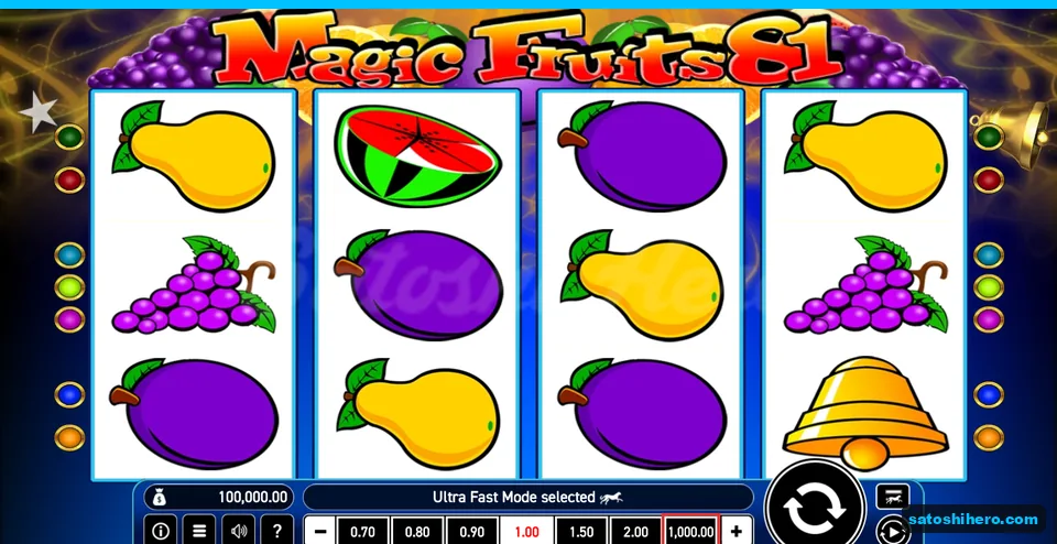 Board before the first spin with fruit symbols and golden bell