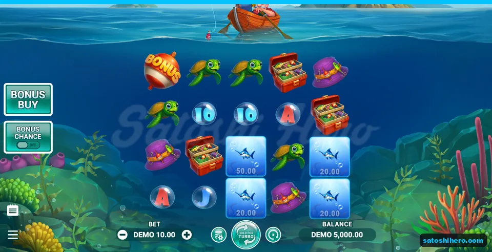 5x4 board rests beneath fisherman with $10 bet displayed