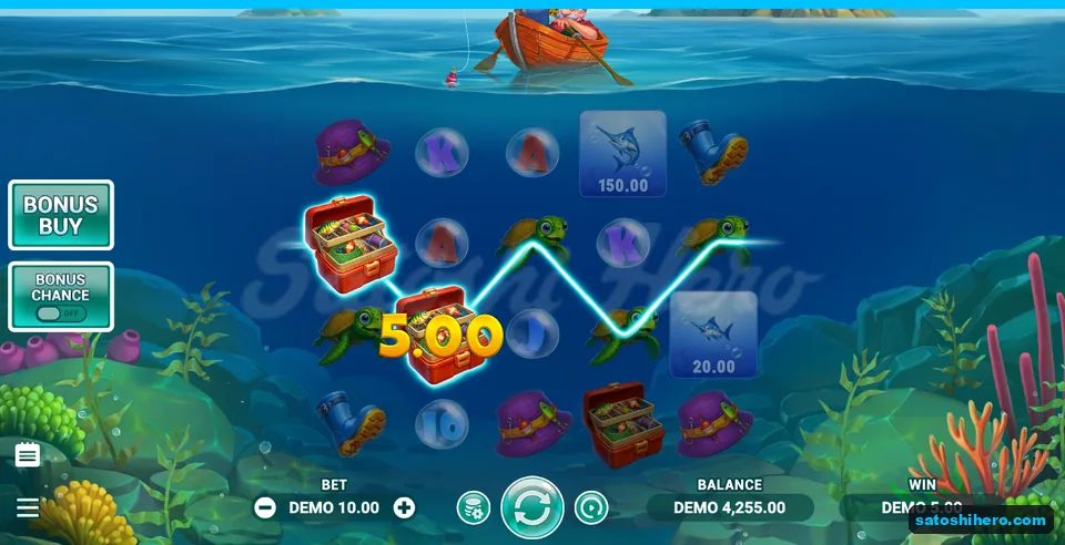 5.00 win shown across cyan payline over tackle boxes