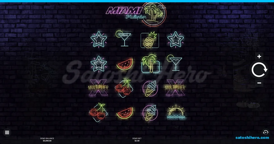Neon palms and cherries fill the grid