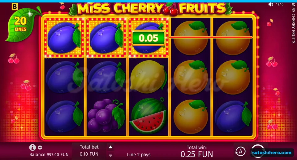 Win panel showing three plums and 0.25 total