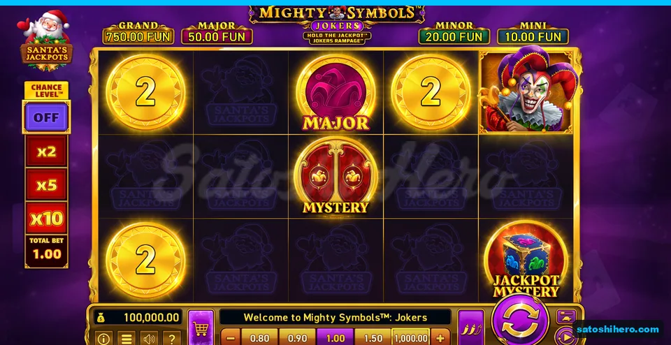 Board at rest with sticky coins, jackpots and Chance Level panel