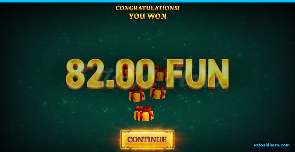Collect screen showing 82.00 FUN above a gold Continue button
