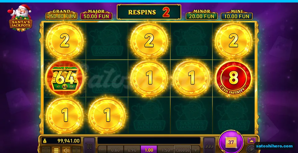 Bonus board showing nine locked coins, Collector 64 and two respins