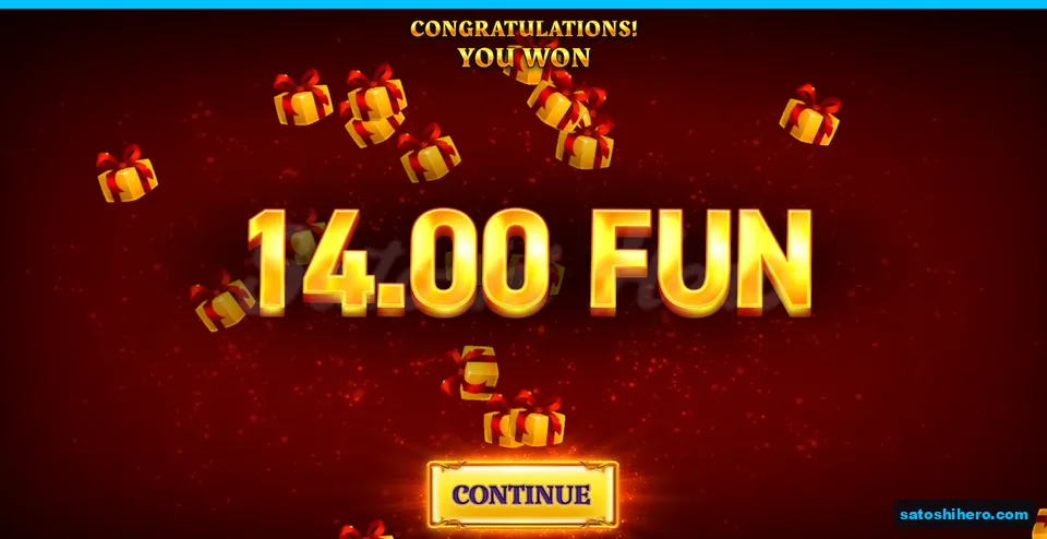 Result layout showing 14.00 FUN above the gold Continue button