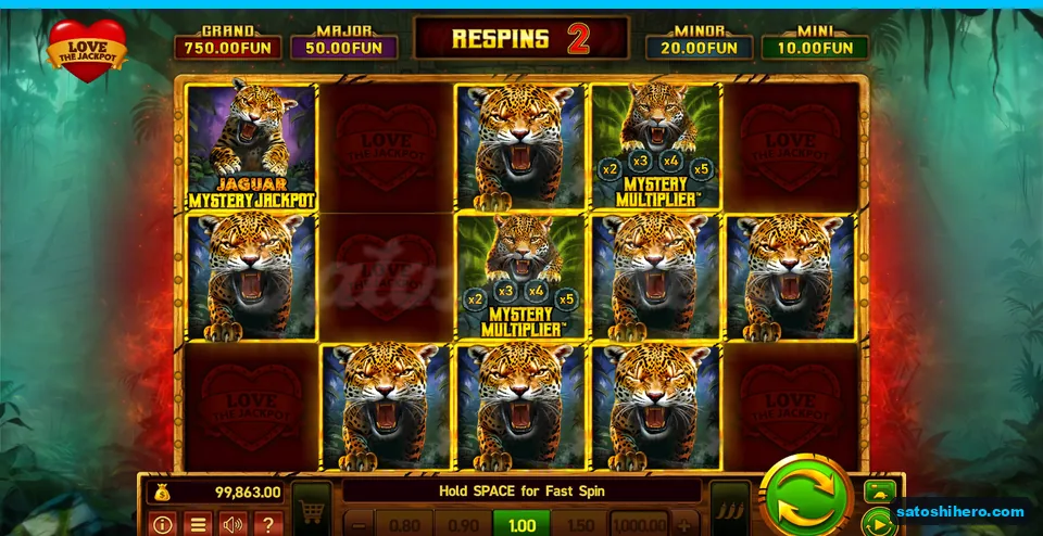 Board in red respin mode with locked Jaguar and multiplier tiles