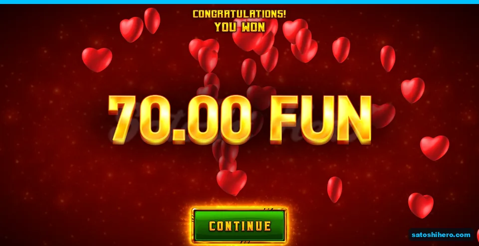 Board showing 70.00 FUN collected against falling red hearts
