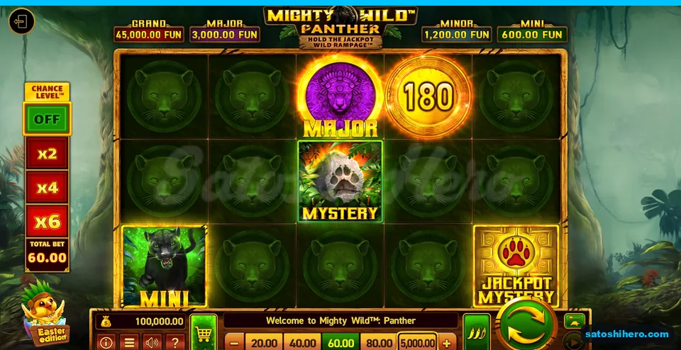 Board at rest with locked coins and green panthers