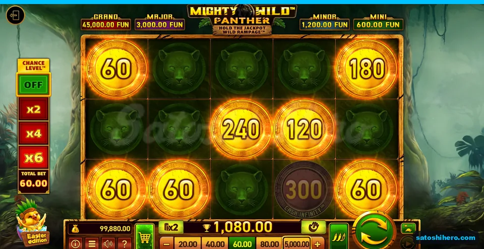 Board showing lit cash coins and 1,080.00 FUN win