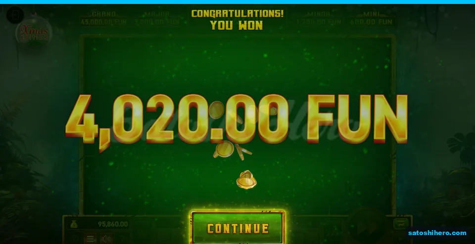 Payout panel showing 4,020.00 FUN won and Continue button