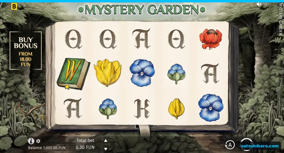 Base screen with book reels and garden symbols